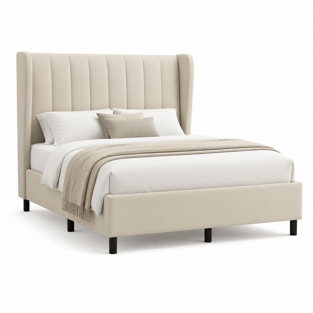 Letto matrimoniale imbottito beige in poliestere con testiera alta a pannelli verticali 160 x 200 cm