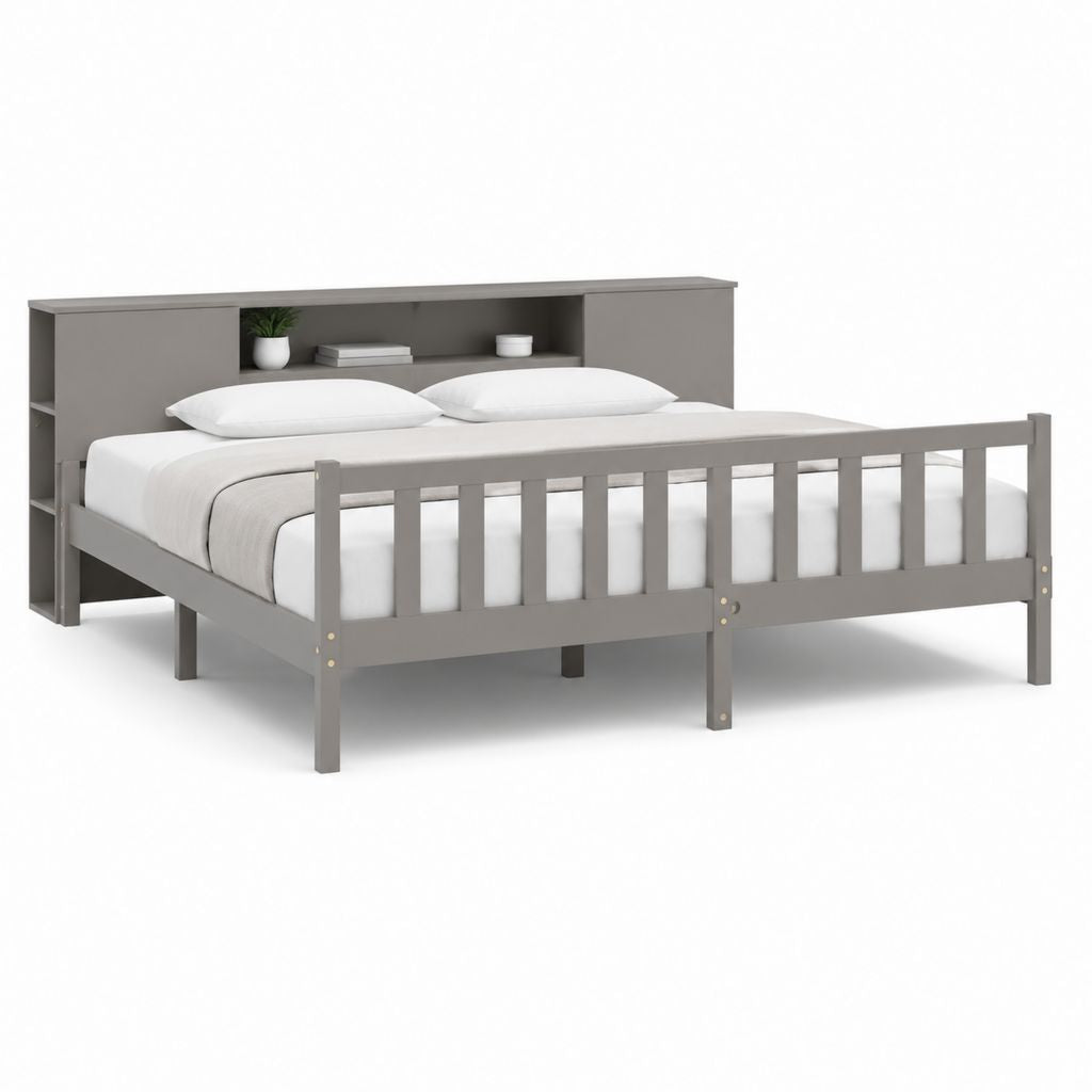 Letto matrimoniale 160 x 200 cm grigio in pino massello con testiera a mensola