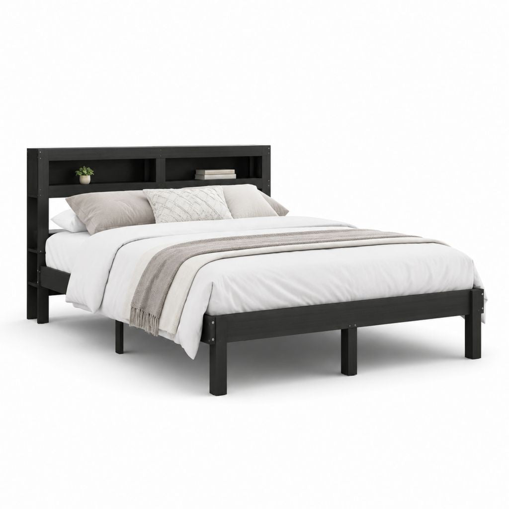 Letto matrimoniale con libreria nero in legno massello di pino 160 x 200 cm