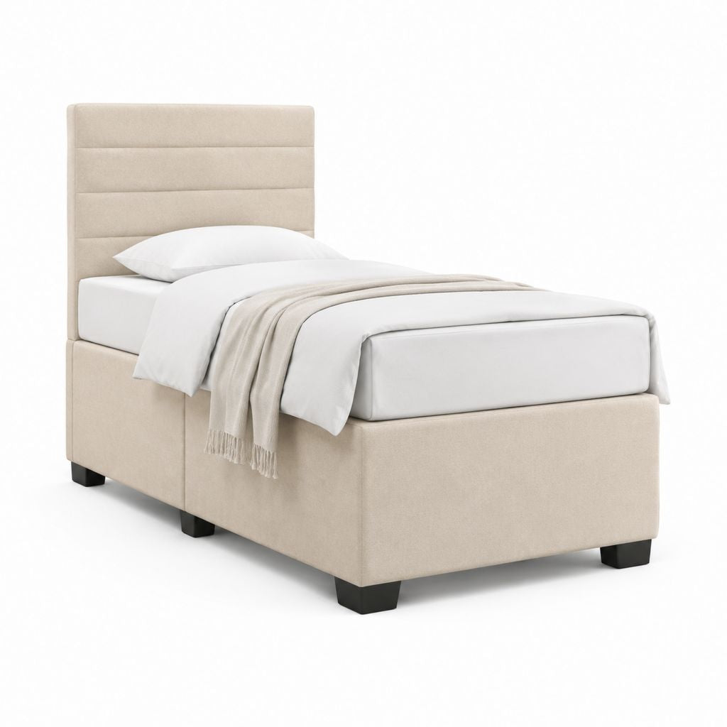 Letto singolo imbottito beige in poliestere con testiera 90 x 200 cm