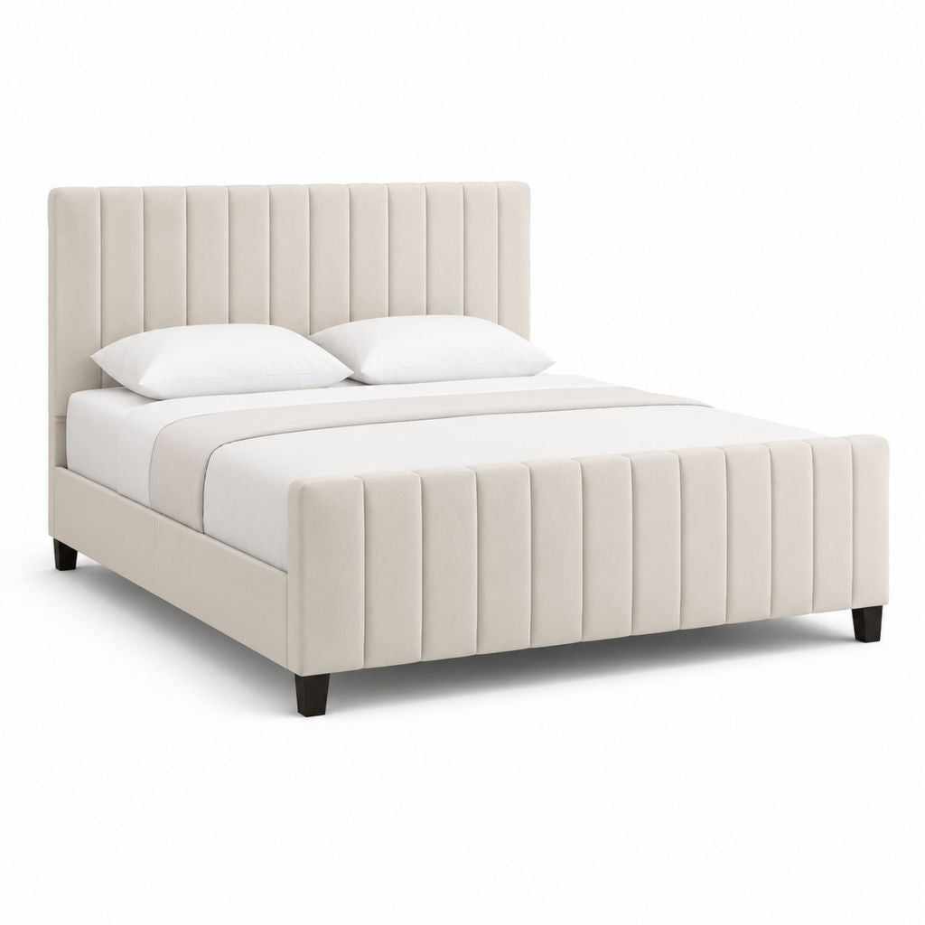 Letto matrimoniale imbottito avorio in poliestere con testiera e pediera a pannelli verticali 160 x 200 cm