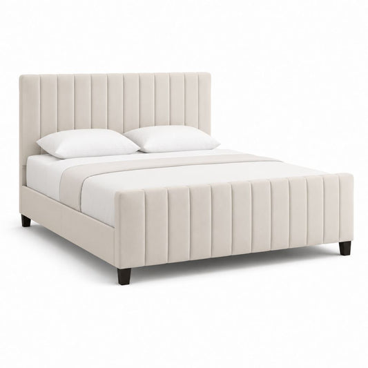 Letto matrimoniale imbottito avorio in poliestere con testiera e pediera a pannelli verticali 160 x 200 cm