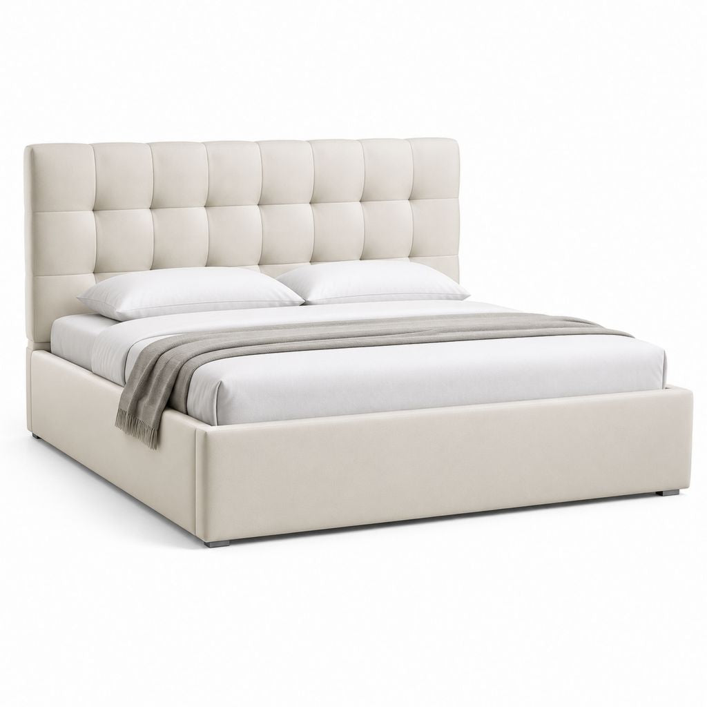 Letto matrimoniale imbottito beige in pelle sintetica PU 180 x 200 cm