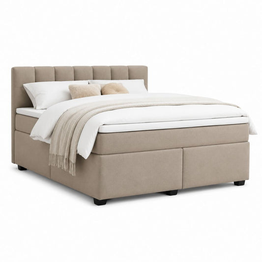 Letto matrimoniale imbottito beige in poliestere 160 x 200 cm con testiera alta