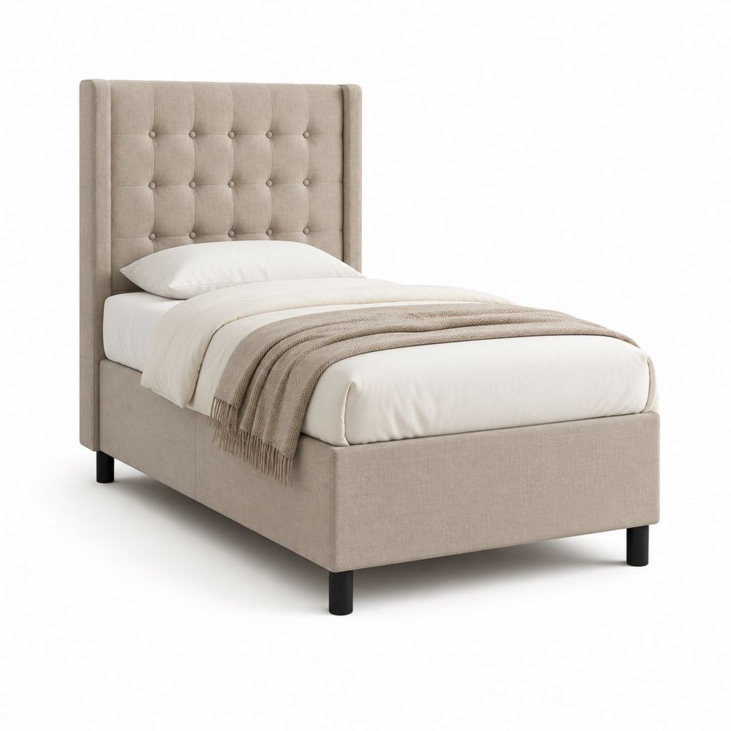 Letto singolo imbottito beige in poliestere con testiera capitonné per materasso 90 x 190 cm