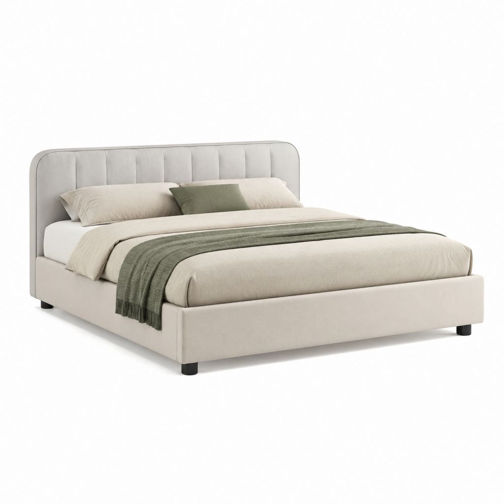 Letto matrimoniale imbottito beige in poliestere con testiera arrotondata 160 x 200 cm