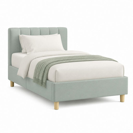 Letto singolo imbottito verde salvia in poliestere 90 x 200 cm con testiera alta