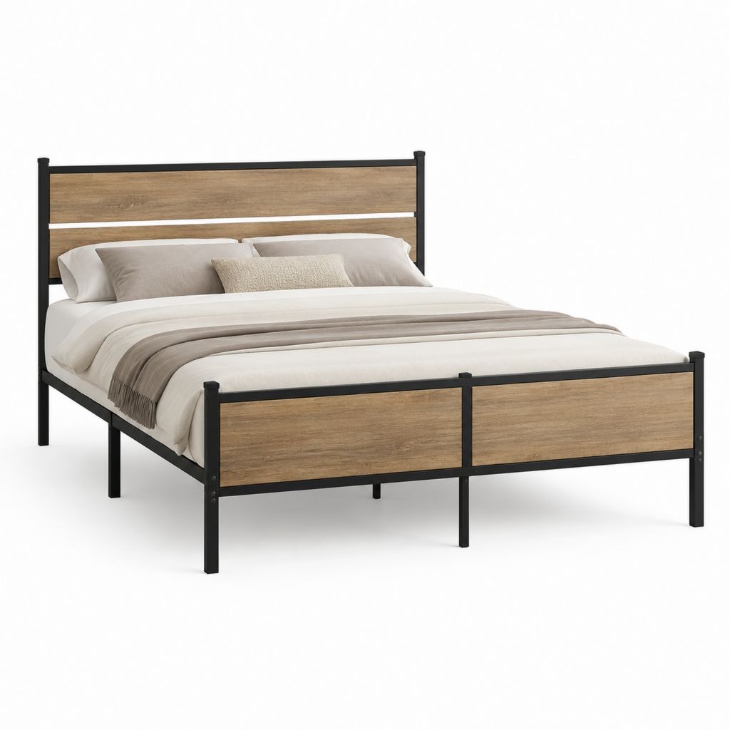 Letto matrimoniale con struttura in acciaio nero e pannelli MDF effetto rovere 160 x 200 cm