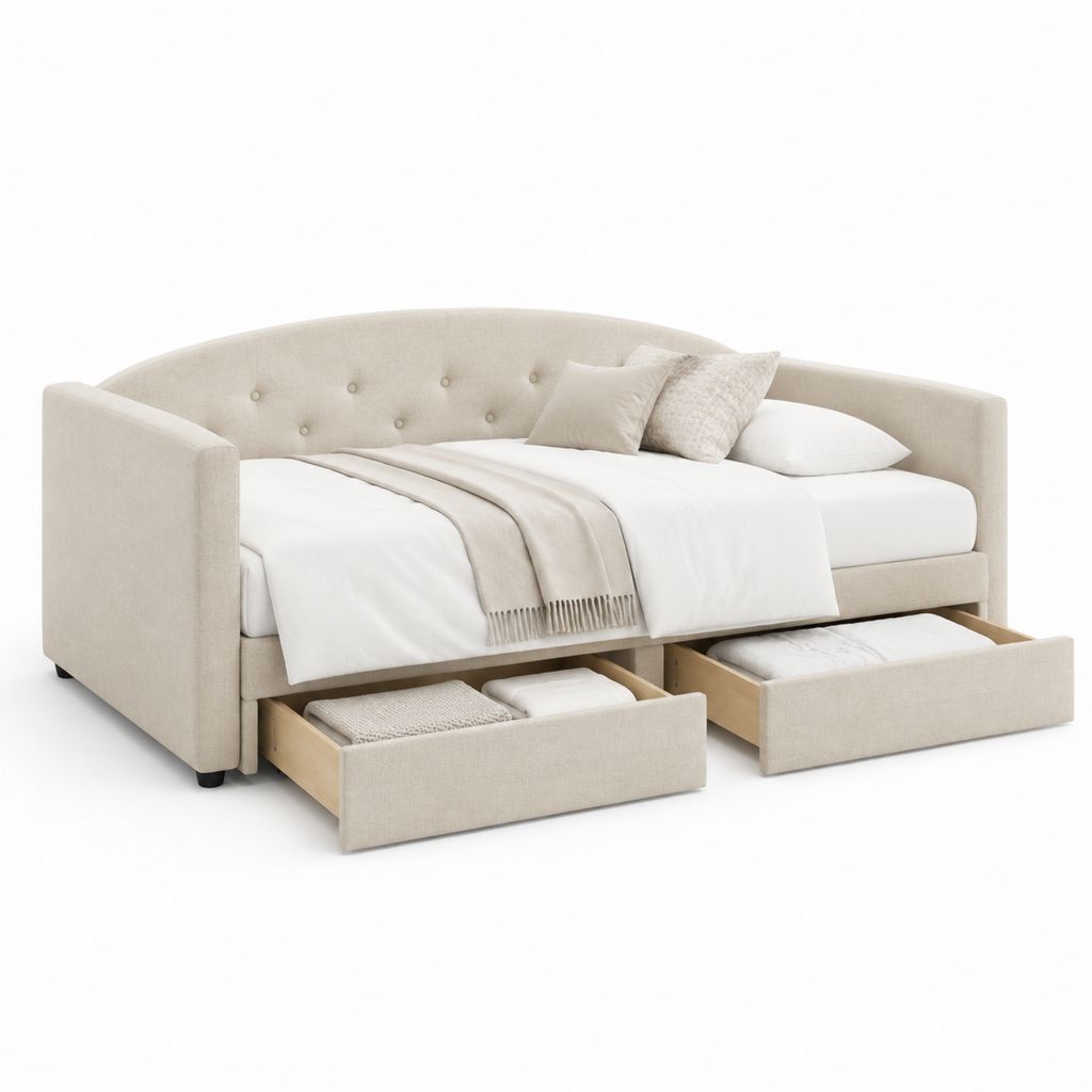 Letto singolo contenitore 90 x 200 cm crema rivestito in poliestere rettangolare con 2 cassetti