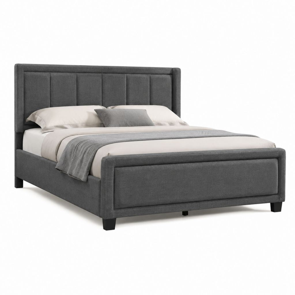 Letto matrimoniale imbottito grigio scuro in poliestere con testiera pannellata 160 x 200 cm