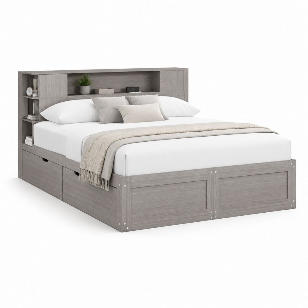 Letto matrimoniale contenitore grigio in pannello MDF 160 x 200 cm con testiera a ripiani