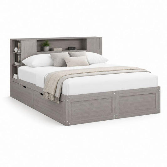 Letto matrimoniale contenitore grigio in pannello MDF 160 x 200 cm con testiera a ripiani