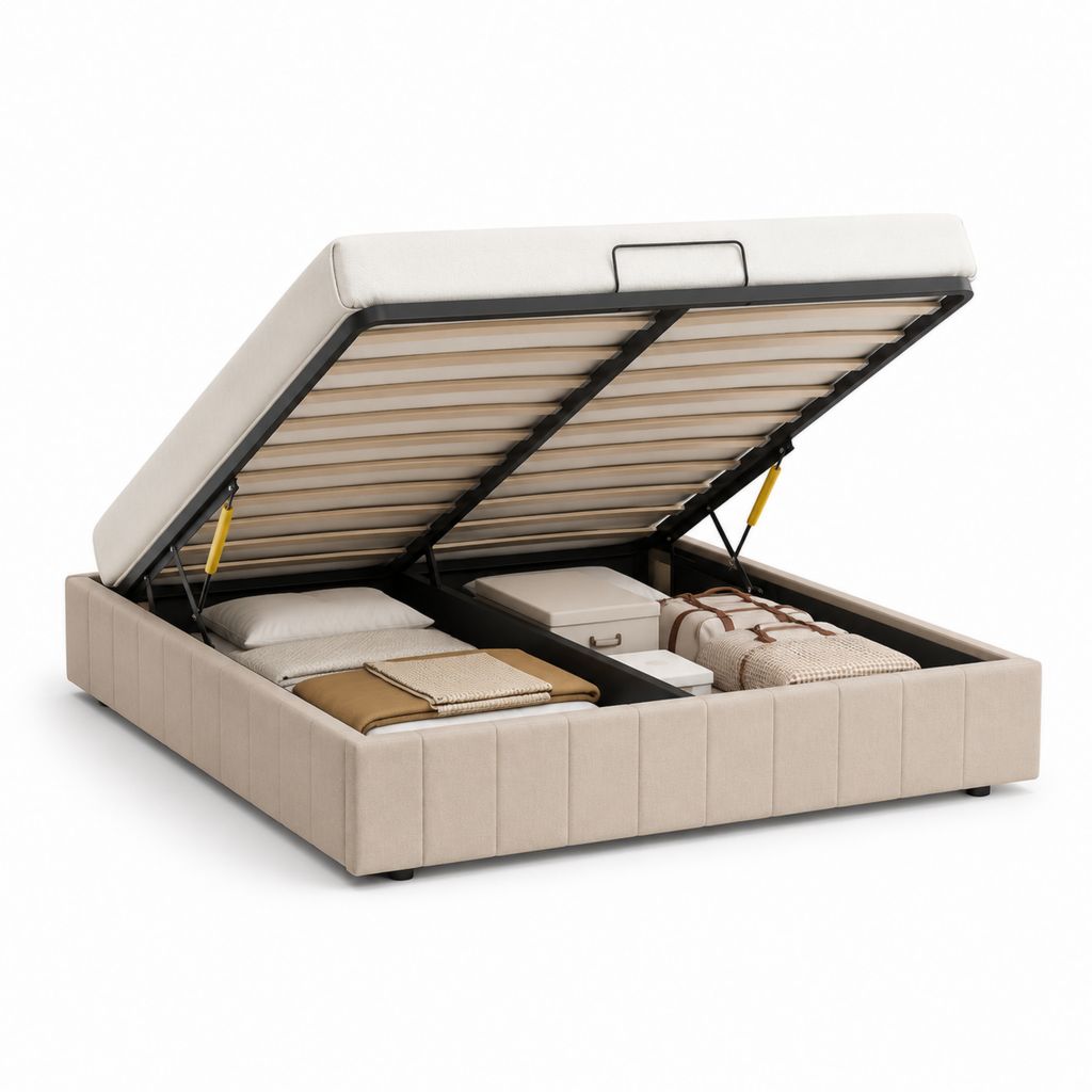 Letto contenitore matrimoniale beige in poliestere 160 x 200 cm con rete sollevabile