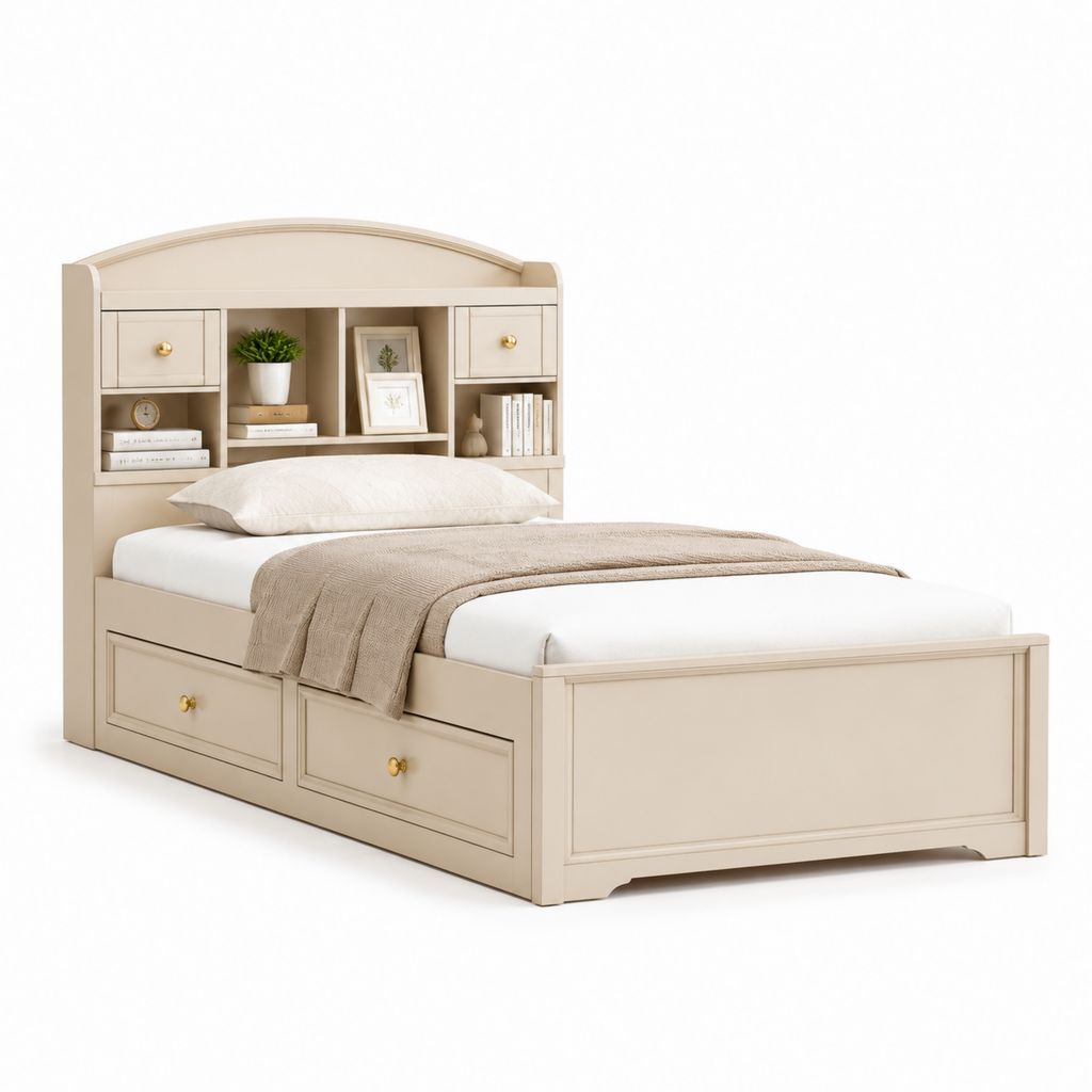 Letto matrimoniale con contenitore e libreria avorio in MDF 140 x 200 cm