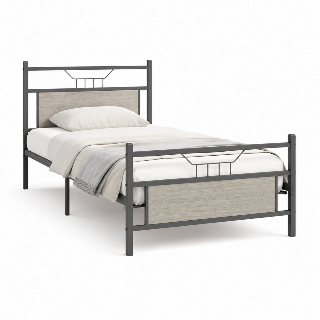 Letto singolo con struttura in acciaio nero e pannelli MDF grigio rovere 90 x 190 cm