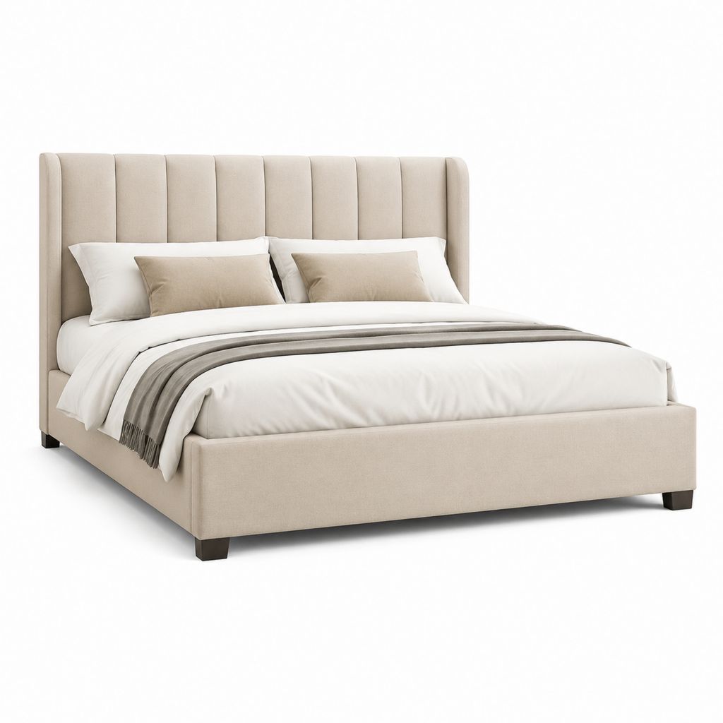 Letto matrimoniale imbottito beige in poliestere 180 x 200 cm con testiera alta