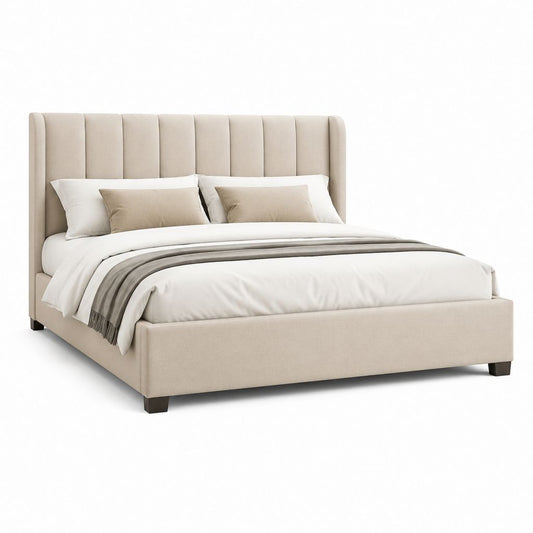 Letto matrimoniale imbottito beige in poliestere 180 x 200 cm con testiera alta
