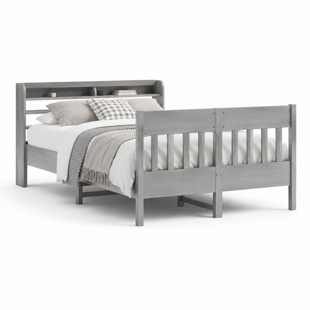 Letto singolo con testiera contenitore grigio in pino massello rettangolare 90 x 190 cm