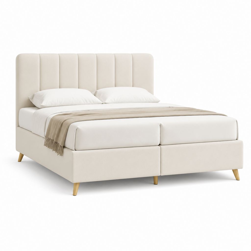 Letto matrimoniale imbottito beige in poliestere con testiera alta 160 x 200 cm
