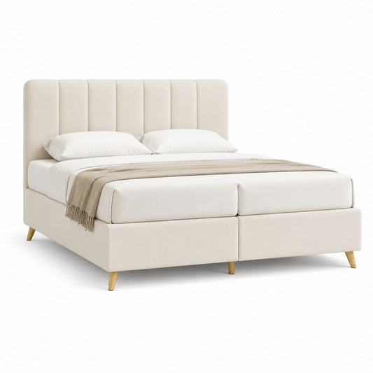 Letto matrimoniale imbottito beige in poliestere con testiera alta 160 x 200 cm