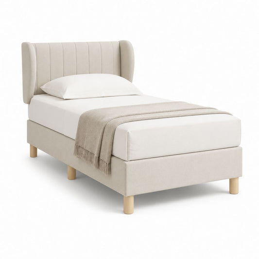 Letto singolo imbottito beige in poliestere con testiera curva 90 x 190 cm