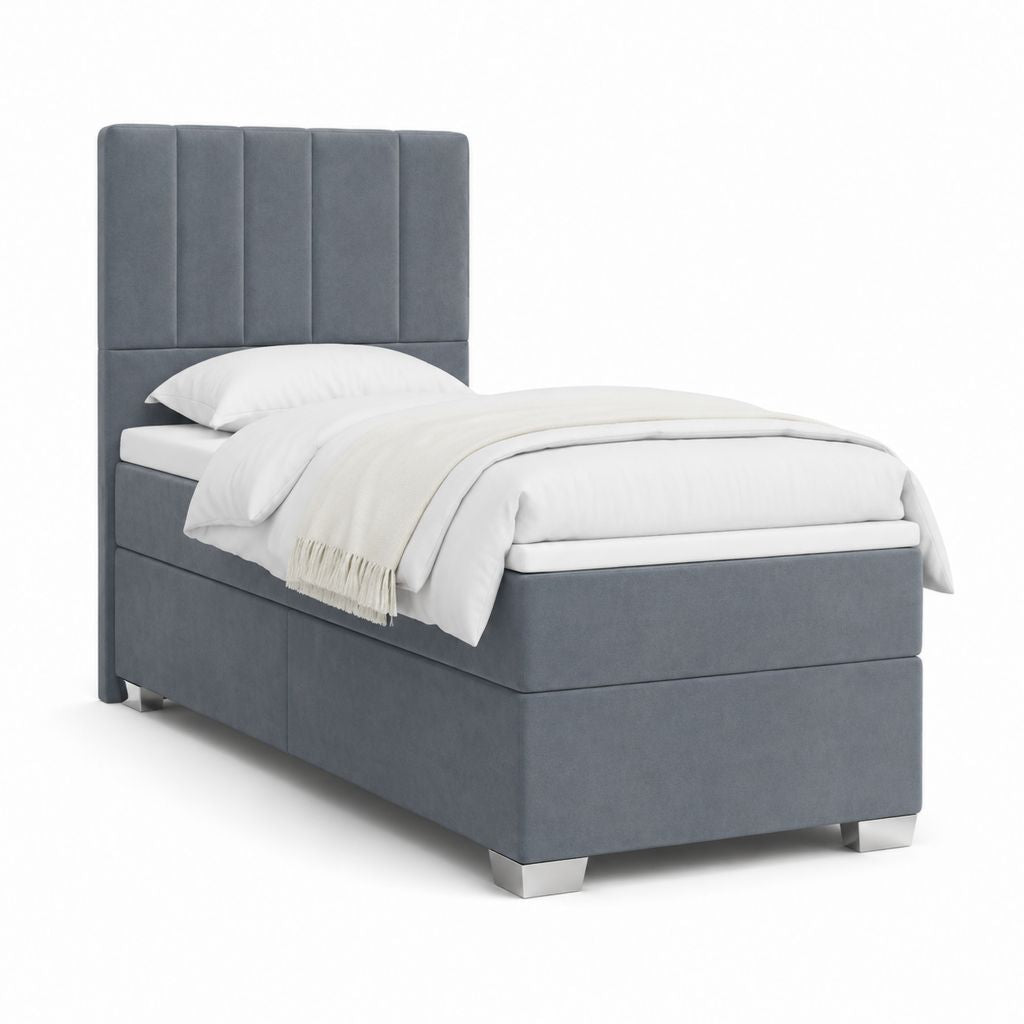 Letto singolo imbottito grigio in poliestere con testiera a pannelli 90 x 200 cm