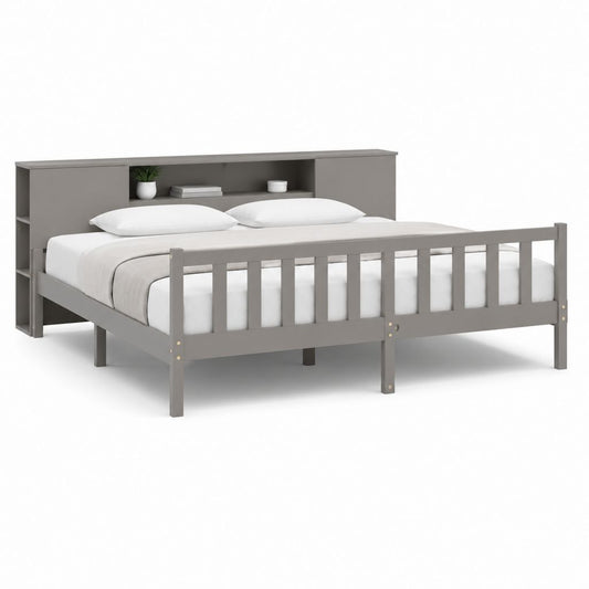 Letto matrimoniale 160 x 200 cm grigio in pino massello con testiera a mensola