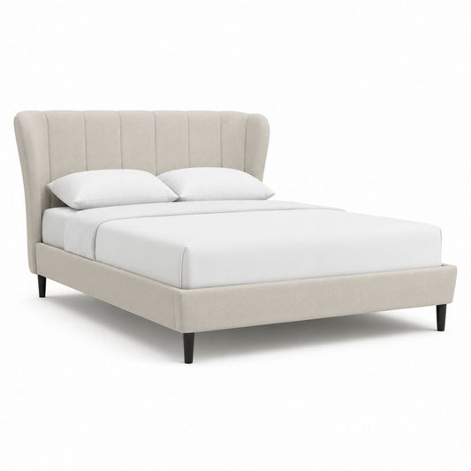 Letto matrimoniale imbottito beige in poliestere con testiera a canali 160 x 200 cm