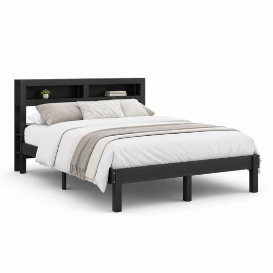 Letto matrimoniale con libreria nero in legno massello di pino 160 x 200 cm