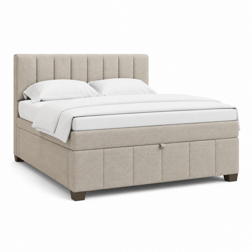 Letto contenitore matrimoniale beige in poliestere con testiera imbottita 160 x 200 cm