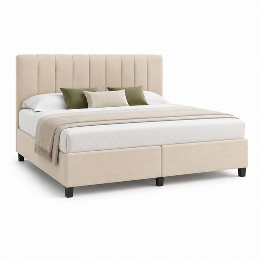 Letto matrimoniale imbottito beige in poliestere con testiera verticale per materasso 160 x 200 cm