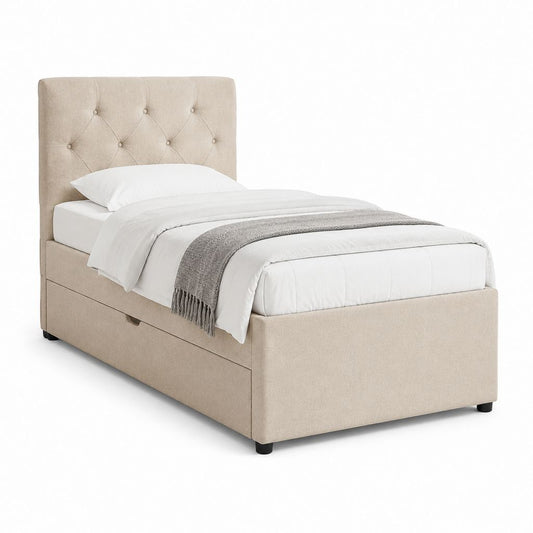 Letto singolo contenitore beige in poliestere con testiera capitonné 90 x 200 cm