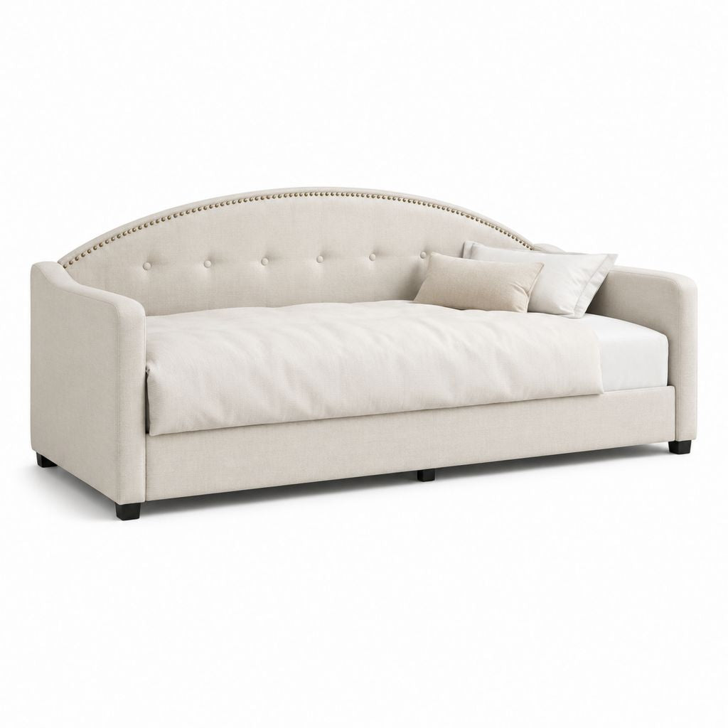 Letto singolo imbottito beige in poliestere con schienale arcuato 90 x 200 cm