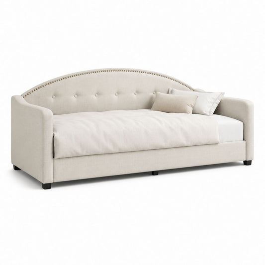 Letto singolo imbottito beige in poliestere con schienale arcuato 90 x 200 cm