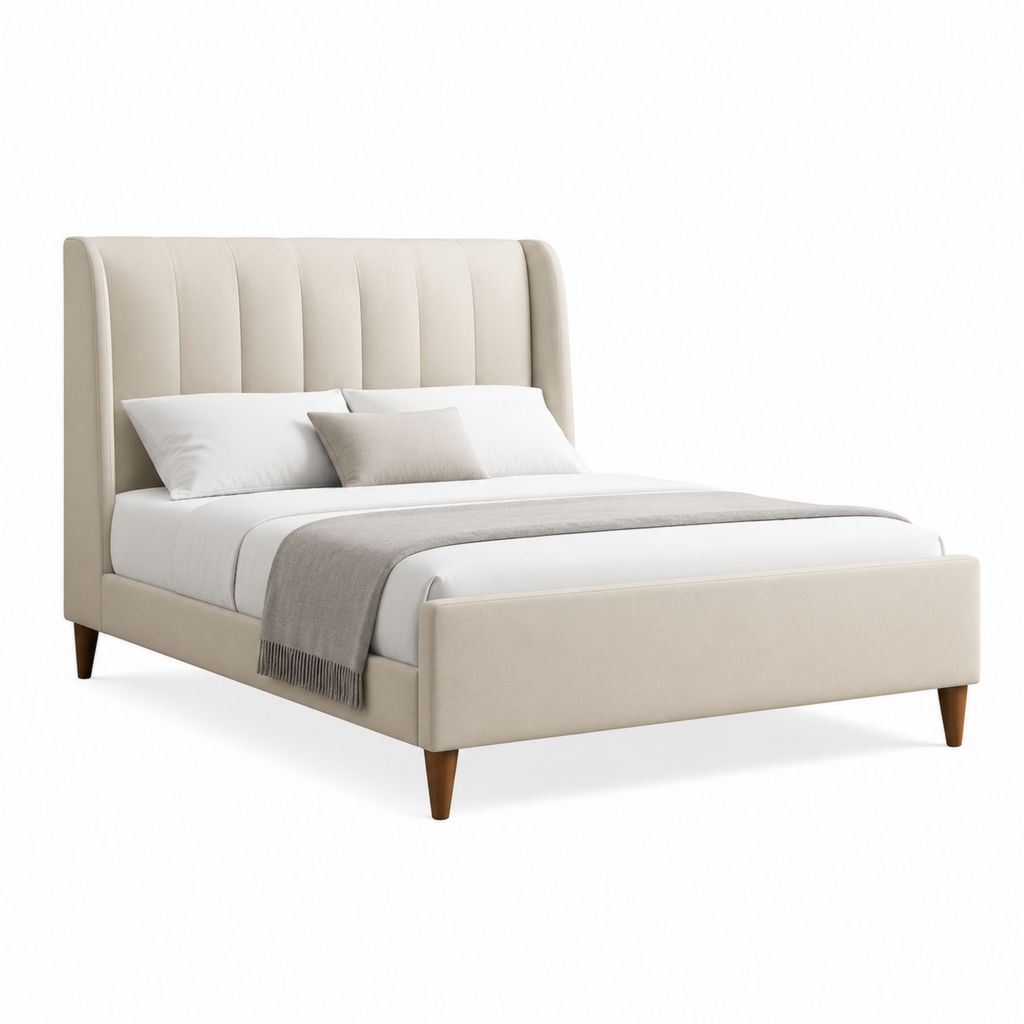 Letto matrimoniale imbottito beige in poliestere con testiera alta 174 x 218 x 125 cm per materasso 160 x 200 cm
